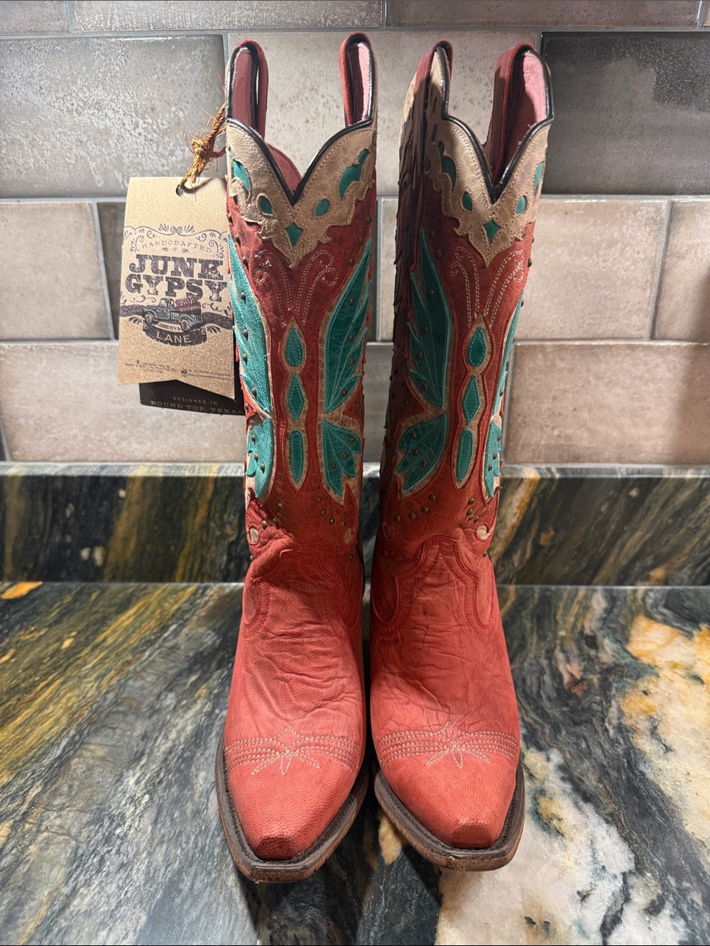 Junk Gypsy boots by Lane Women's Red with Teal butterfly snipped toe Cowboy Boot